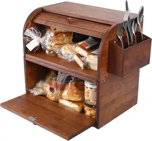 Kotak roti bambu dengan keranjang perak, penjualan laris, kotak roti bambu untuk meja dapur, lapisan ganda, wadah penyimpanan roti atas gulung dengan keranjang peralatan makan