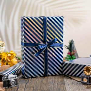 Burymento Holographic Stripe Blue <b>Wrapping</b> <b>Paper</b> 17 In X 32.8 Ft Reversible Gold Gift Wrap For Multiple Occasions - Product Image 3