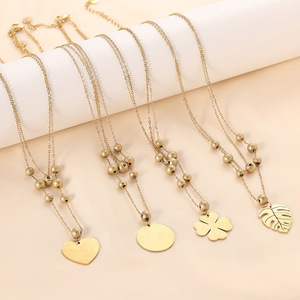 Collar de doble capa con forma de hoja de corazón, chapado en oro de 14 quilates, cadena de acero inoxidable para clavícula, para mujer, regalo diario, joyería. - Product Image 1