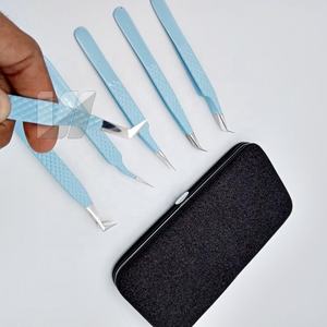 Pinzas de extensión de pestañas de acero inoxidable sostenibles japonesas tipo L Azul Aguamarina profesional de alta calidad agarre de diamante personalizado - Product Image 6