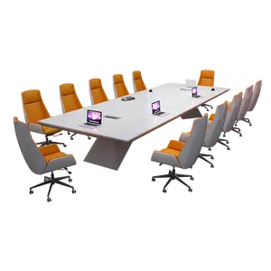 長方形のデスク白い会議テーブル長いテーブルシンプルでモダンな12人用会議テーブルとオレンジ色の椅子
