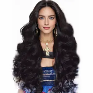 Wig renda Frontal 13x4 mewah serat temperatur tinggi Wig Body Wave warna hitam