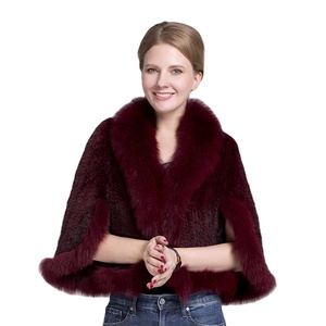 MWfur Frauen gestrickt weiß Nerz Pelz Hochzeit Poncho Jacke Fox Pelz Kragen getrimmt Nerz Pelz <span class=keywords><strong>Cape</strong></span> für Dame - Product Image 1