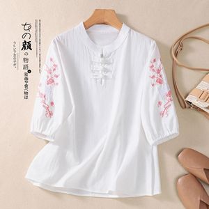 Traditional Chinese Cotton Linen Top With Embroidery Frog Buttons Women's Summer Short Sleeve White Lotus Root Sky Blue - Product Image 4