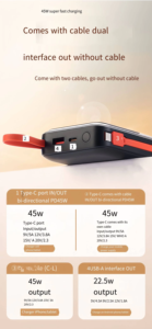 Alimentation d'usine pas cher Portable <span class=keywords><strong>45W</strong></span> <span class=keywords><strong>Powerbank</strong></span> 20000mAh câble intégré <span class=keywords><strong>PD</strong></span> charge rapide Power Bank pour ordinateur portable - Product Image 4