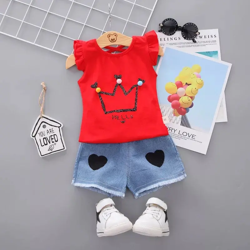 Kelebek kollu taç baskı tişörtleri + kot kısa çocuk kız elbise çocuklar küçük bebek kız giyim setleri