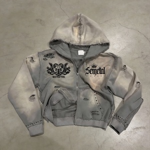 French Terry Cotton Cropped Hoodies Custom Graphic Oversized Zip Up Hoodie Luxury Rhinestone Acid Wash Distressed Zip Hoodie - Product Image 2
