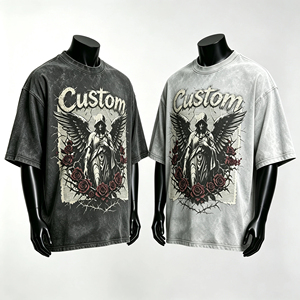 T-shirt Vintage Oversize con Cappuccio e Ricamo Angelo, Effetto Acido, Stile Gotico, con Ali, Rose Scure e Spine, Streetwear - Product Image 2
