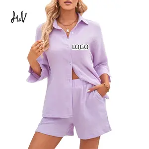 LH Custom Long-sleeved Shorts Suit Thin Casual Pyjamas Women Sleepwear Home Clothes 2 Piece Set For Women Shirt And Shorts Set