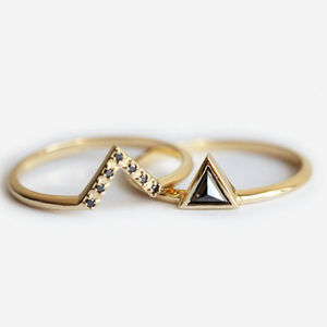Silmple Style 925 Sterling Silver Yellow Gold Plated Black Diamond <b>Dainty</b> <b>Ring</b> Set - Product Image 1