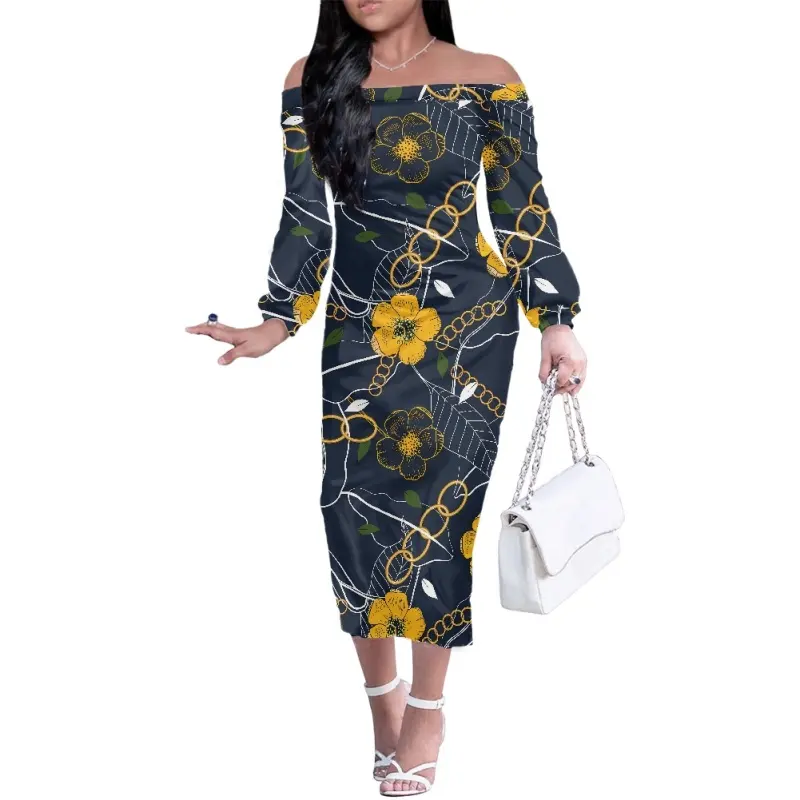 Robe sexy à épaules dénudées avec imprimé plumeria Robe longue à manches longues pour tatouage tribal polynésien Robe imprimée par sublimation pour femmes