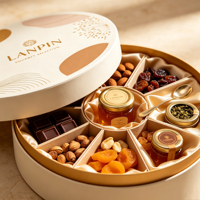 Boîte Cadeau Alimentaire Écologique Personnalisée en Satin Doré avec Insert Botanique Divisé pour Noix, Fruits Secs, Miel, Chocolat, Snacks et Spécialités Gaufrées