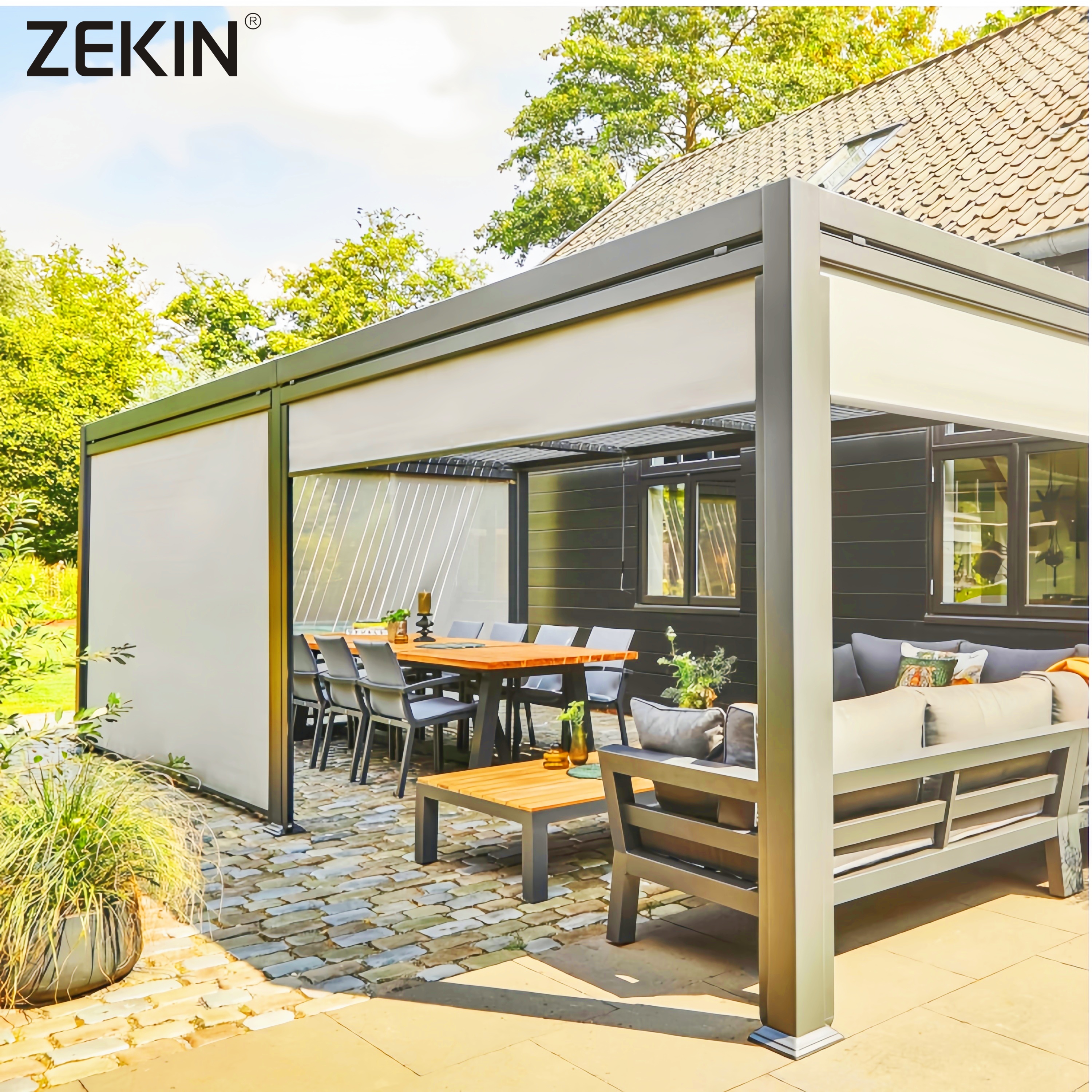 Zekin Motorized Outdoor Rainproof Panel Slats Garden Canopy Patio Powder Coated Gazebo Bioclimatic Louvered Aluminum Pergola