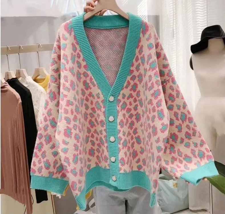 2023 nouveau pull manteau grand motif léopard pull Cardigan femmes mi-longueur vêtements d'extérieur lâche coréen tricot pull