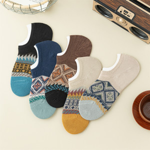 Men's Summer Thin Boat Socks Pure Cotton Retro Ethnic Style Non-slip Low-cut Short Socks Fair Isle Pattern Invisible Design - Product Image 1