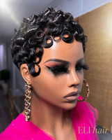 Pelucas sin encaje de cabello virgen al por mayor, pelucas vietnamitas de cabello humano corto estilo pixie, peluca rizada natural pre-arrancada con flequillo sin pegamento