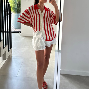 Haut tricoté pour femmes, rayures rouges et blanches, coupe ample, chemise à revers, vêtements décontractés printemps-été - Product Image 2