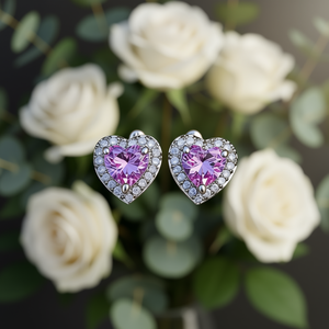 Boucles d'oreilles clous cœur E394 en argent 925 avec améthyste sertie griffe, pour femme, romantiques, à porter au quotidien - Product Image 2