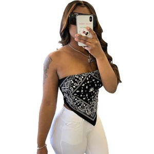 Camiseta de punto informal para mujer, nueva moda de verano, sexy, estampada, sin hombros, sin tirantes, con diseño de <span class=keywords><strong>pañuelo</strong></span>/bandana - Product Image 5