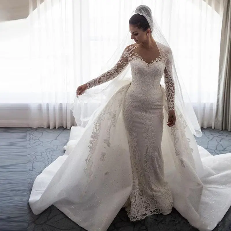 Detachable Mermaid Long Sleeve Wedding Dress Elegant Lace Bridal Gown