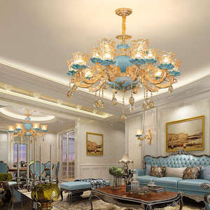 Lampadario di Lusso Blu Lago dal Design Europeo, Lampada in Ceramica e Cristallo per Hall di Hotel e Soggiorno - Product Image 3