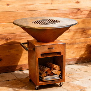 Barbecue de table moderne en acier Corten, foyer extérieur sur chariot, finition mate, design rond - Product Image 5