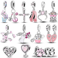 Pendentif breloque rose en argent 925 MULA pour femmes, plaqué rhodium avec zircon, compatible avec bracelet à breloques original, bijoux DIY pour enfants