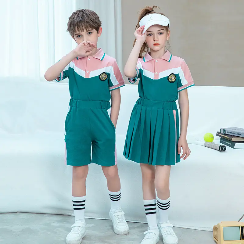 2024 novo conjunto de uniforme escolar de verão 2 peças personalizado de fábrica para meninos e meninas de 6 a 18 anos