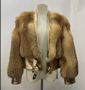 Lussuoso Cappotto in Vera Pelle con Pelliccia di <span class=keywords><strong>Volpe</strong></span> Rossa Ispessita per Donna, Personalizzabile in Taglie Grandi con Colletto in Vera Pelle - Product Image 1