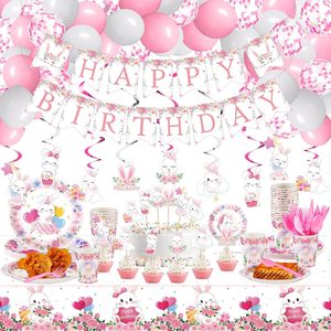 Kit Decorazioni per Festa di Compleanno a Tema Coniglietto Pasquale con Striscione, Decorazioni a Spirale, Palloncini, Topper per Cupcake, Piatti, Bicchieri e Cucchiai - Product Image 1