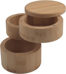 Tempat Garam Tiga Susun dengan Tutup Putar Magnetik, Wadah Penyimpanan Kayu Akasia Bulat, Stoples Kayu untuk Garam dan Bumbu - Product Image 6