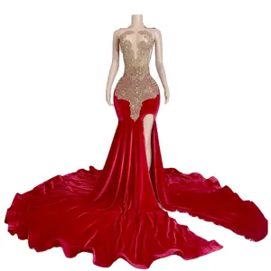 Ocstrade Vestido High Split Red Prom Dresses 2023 Evening Gowns Sexy Ball Gown Rhinestone Dress Woman Bling Sexy Party Dresses