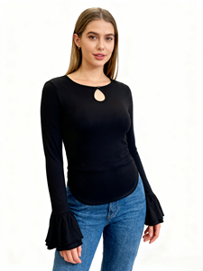 เสื้อยืดแฟชั่นผู้หญิง แขนกระดิ่งคู่ ทรงเข้ารูป ดีไซน์เว้าหลัง ผ้าถักนุ่ม ยืดหยุ่น คุณภาพสูง สำหรับฤดูใบไม้ผลิ/ฤดูใบไม้ร่วง - Product Image 1