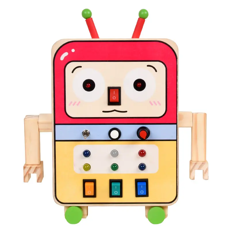لعبة تعليمية مونتيسوري للأطفال روبوت بمفتاح LED لوحة مشغولة للتدريب على القدرة على التلاعب لوح خشبي للتعلم للأطفال