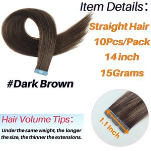 Extensions <span class=keywords><strong>de</strong></span> <span class=keywords><strong>cheveux</strong></span> invisibles brun foncé 14 pouces, mini couleur tendance # 2 mèches <span class=keywords><strong>de</strong></span> <span class=keywords><strong>cheveux</strong></span> 100% Remy pré-collées, double trame, permanentées, 2,65 onces - Product Image 3
