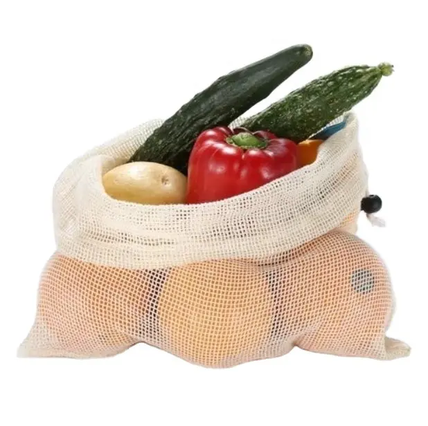 Çevre dostu özel Muslin pamuk çok amaçlı mutfak dolap saklama çantası kullanımlık yıkanabilir örgü alışveriş çantası bakkal için