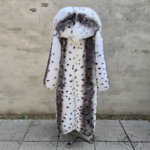 معطف فرو طويل ثعلب بطبعة الفهد بتصميم سميك وجديد ودافئ وعصري مع قبعة - Product Image 3