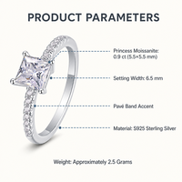 Bague en Moissanite Argent Sterling 925 Coupe Princesse 0,9 ct, Sertie de Quatre Griffes, Bande Pavée, Bague de Fiançailles Solitaire pour Femme