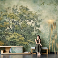 Papier peint mural personnalisé vintage vert arbre, murale botanique naturelle pour salon, salle à manger, mur de fond