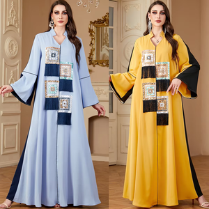 A-212 Dubaï Luxe Islamique Élégant Modeste Musulman Abaya <span class=keywords><strong>Kaftan</strong></span> Mode Épissage Motif Floral Bleu À Manches Longues Étage Longueur Maxi - Product Image 6