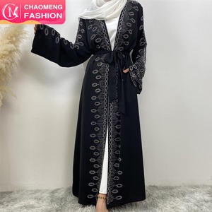 1424# Latest <b>Ladies</b> Design Nida Material <b>With</b> <b>Pockets</b> Shiny Hot Drilling Versatile <b>Black</b> Color Open Abaya Diamond <b>Cardigan</b> - Product Image 1