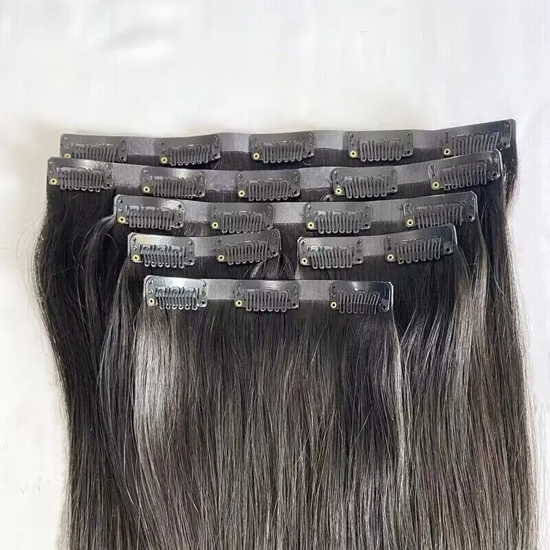 Cheap seamless clip in hair extensions natural color mongolian hair invisible PU layer clip-ins silky straight human hair wefts