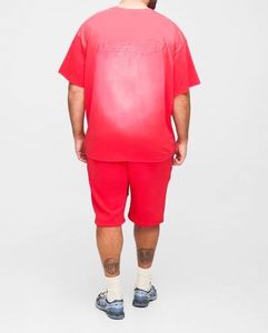 Custom Activewear <b>Set</b> Manufacturer Red Plus OFCLApplique <b>Spray</b> Wash T-Shirt & Oversized Drop crotch Short <b>Set</b> - Product Image 2