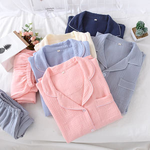 Pijamas de <span class=keywords><strong>pareja</strong></span> suaves y transpirables 100% algodón crepé manga larga Color sólido camisón elegante clásico con seis colores opcionales - Product Image 1