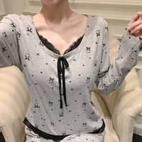 Printemps et automne dentelle nœud avec coussin de poitrine pyjamas femmes fil de soie de glace à manches longues pantalon grande taille pyjamas ensemble