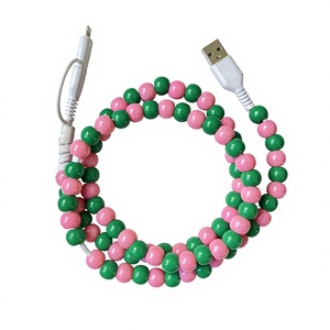 Custom 2 in 1 USB Cable 1m Fashion Jewelry Pink Green Beaded Colorful USB to Type C Male 2.4A Phone Charging Cable