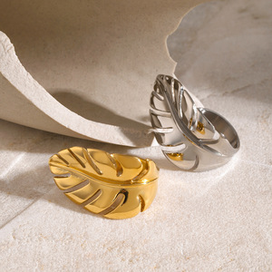 Leaf Shaped <b>Open</b> <b>Ring</b> Titanium Steel 18k Gold Plated Polished Unisex Fashion Jewelry Gift - Product Image 4