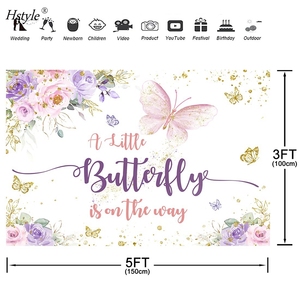 Fondo con forma de mariposa para Baby Shower, telón de 5x3 pies con diseño de mariposa pequeña, color morado y Rosa, con flores doradas florales - Product Image 3