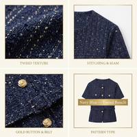 Jaket Wanita Elegan Biru Dongker Bahan Worsted Lengan Pendek Berikat Kancing Emas Model Crop Blazer Gaya Prancis ODM Custom Grosir