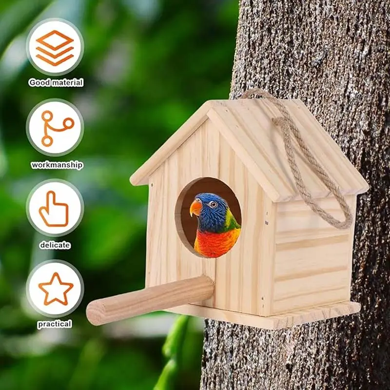 Casa de pájaros colgante de madera Casas de pájaros para liquidación exterior con poste Caja de anidación de pájaros Artesanía Interior y jardín